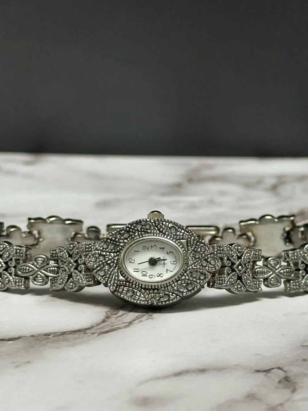 Marcasite Watch Silver Tone Oval Case Ornate Dressy New Battery 8 Inch